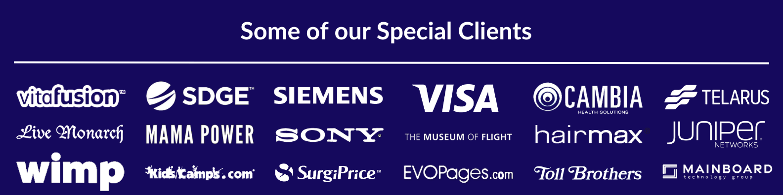 Our Special Clients - Vitafusion, SDGE, Siemens, Visa, Cambia, Telarus, Live Monarch, Mama Power, Sony, Museum of Flight, HairMax, Juniper